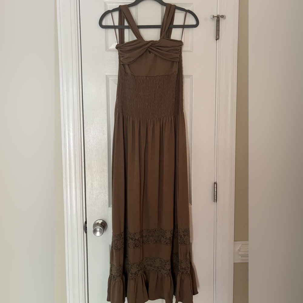 Azucar Taupe Halter Maxi Dress Lace Ruffle Hem Change Neckline Sz L EUC